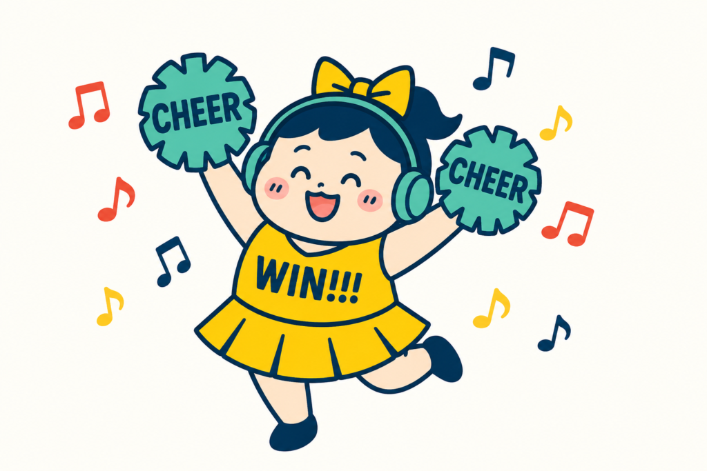 ヘッドホンをつけてポンポンを持ち、音符に囲まれて踊るチアの女の子