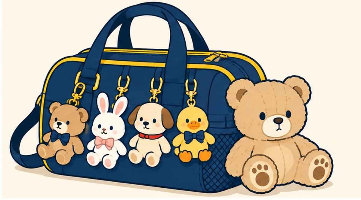 スポーツバッグに付けられた小さなぬいぐるみチャーム