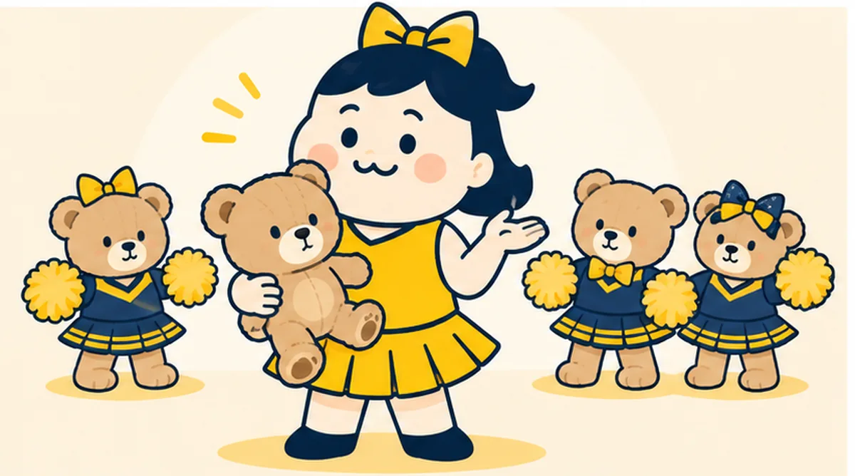 ユニフォームを着ていないクマのぬいぐるみを抱えたチアの女の子
