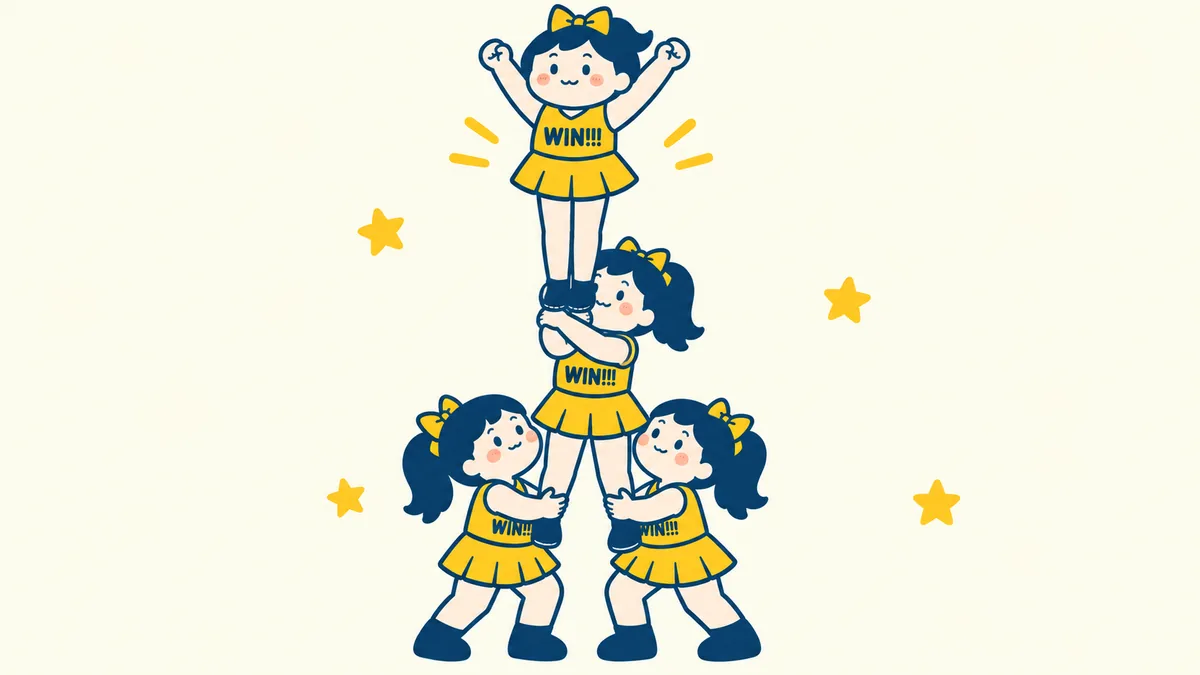 下の2人に支えられながら、トップの足を抱えて支えるミドル