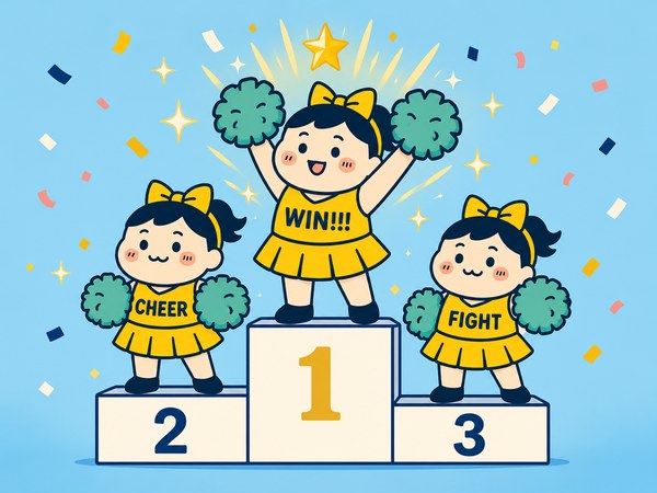 表彰台で1位・2位・3位を喜ぶチアリーダーのイラスト
