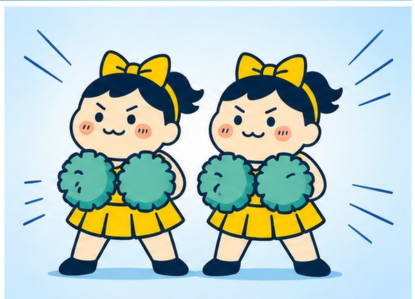 互角に競い合う2人のチアリーダーのイラスト